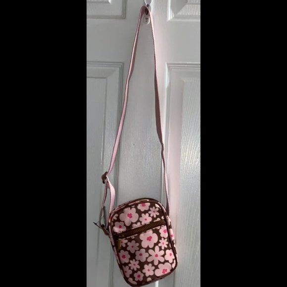 Pink and brown flower print crossbody bag, floral pattern, shoulder bag, purse - Picture 2 of 3